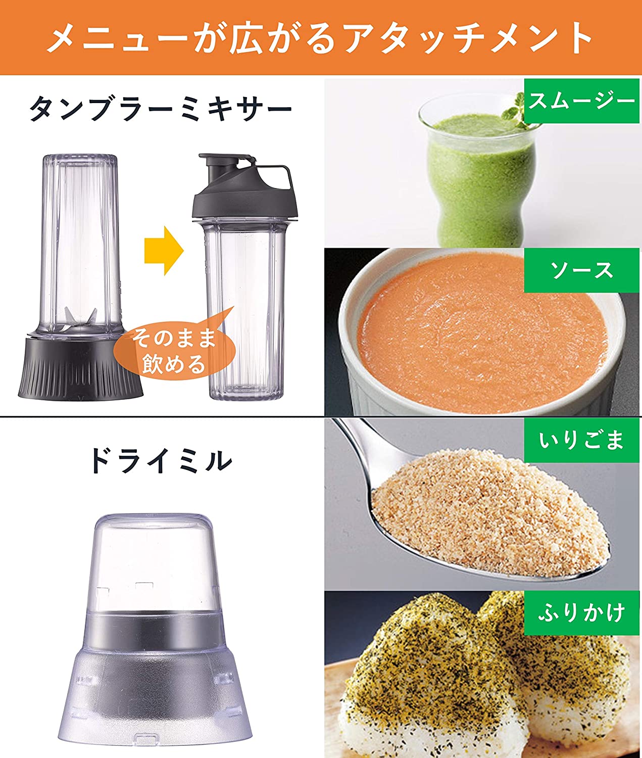 スムージーやふりかけをつくれるアタッチメントもチェック